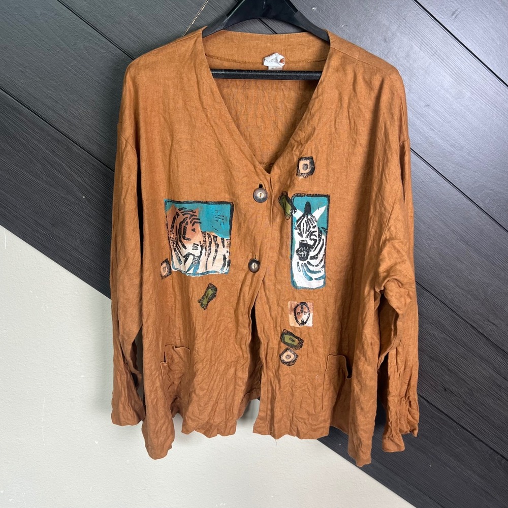 Odile Women's Linen Art To Wear Cardigan Large Brown Hand Painted Zebra